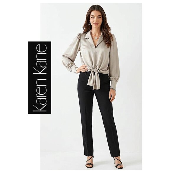 KAREN KANE - Satin front tie long sleeve taupe coloured blouse - Picture 1 of 10
